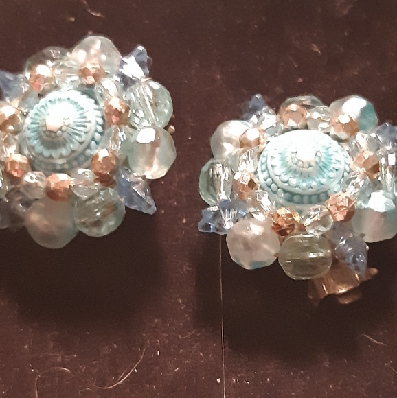 W. Germany Jewelry - Pair of vintage blue shell clip on earrings .